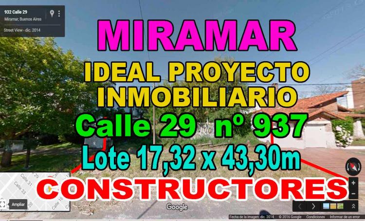 Miramar Centro calle 29 nº937  TERRENO LOTE de 750 m2 frente 17,32 fondo 43,30m 