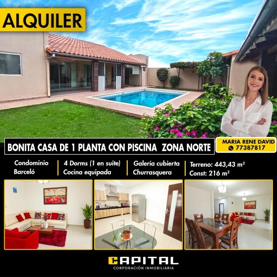 Foto Casa en Alquiler en Zona Norte, Condominio Barcel, Santa Cruz de la Sierra, Santa Cruz - U$D 750 - CAA7758 - BienesOnLine