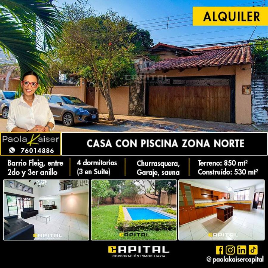 Casa con piscina y 4 dormitorios en alquiler, Zona Norte, santa cruz