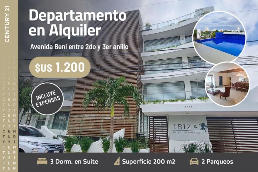 DEPARTAMENTO AMOBLADO DE 3 DORMITORIOS EN ALQUILER, AV. BENI ENTRE 2DO ANILLO Y LOS CUSIS