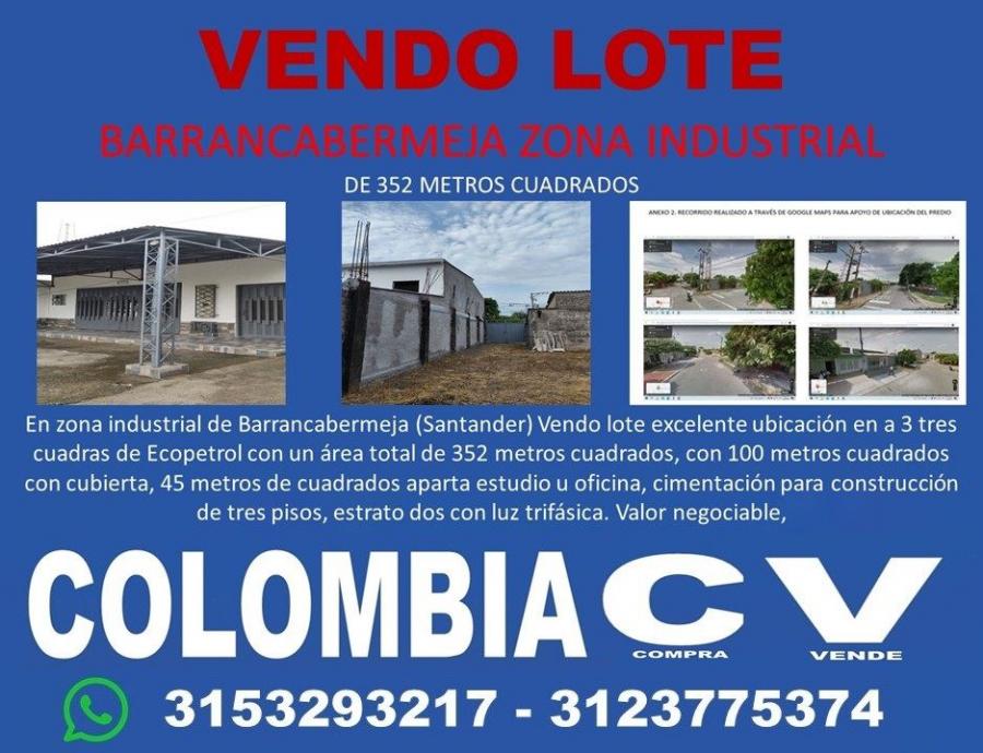 Barrancabermeja zona industrial Vendo lote de 352 metros cuadrados 