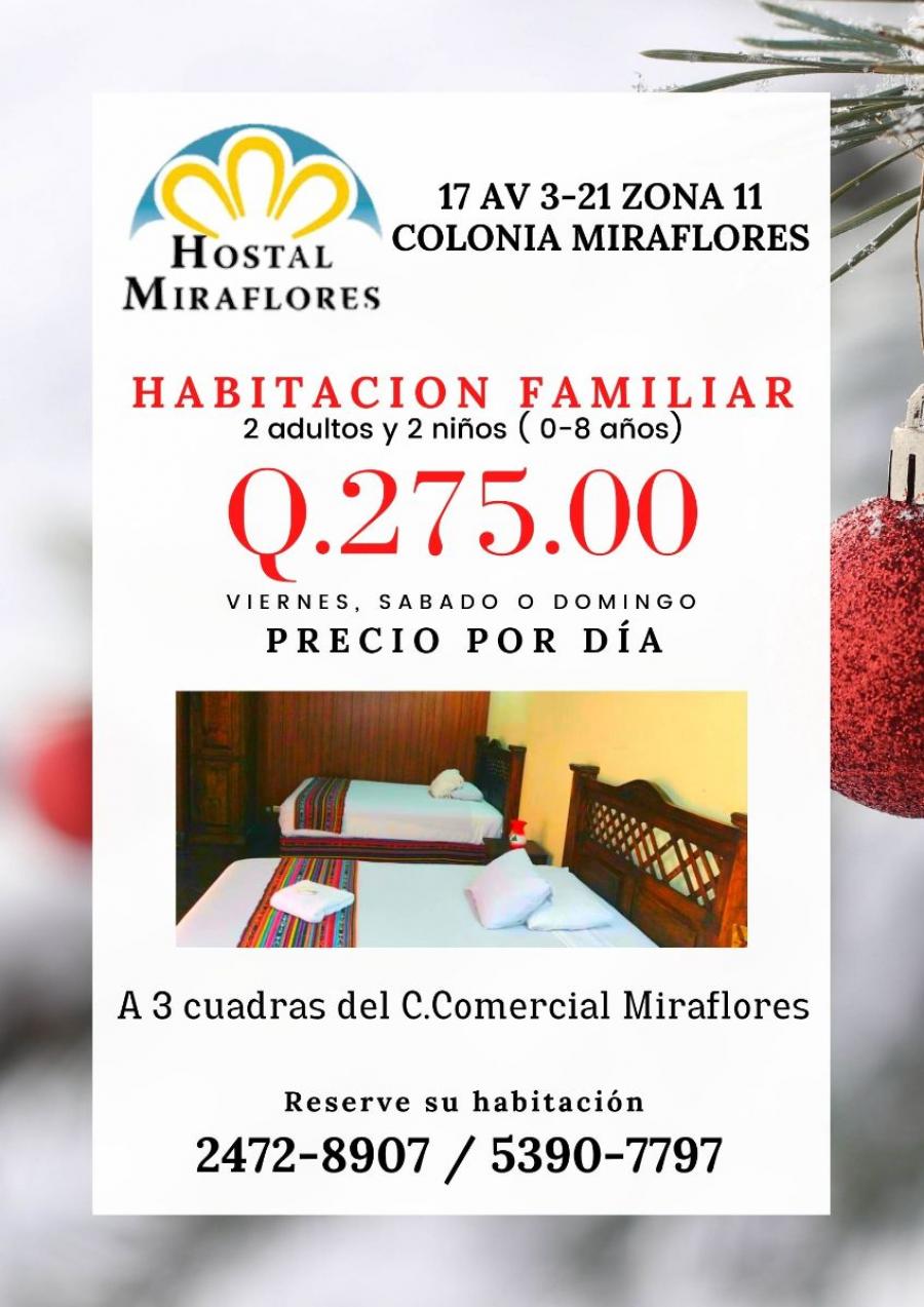 Hostal Miraflores, habitaciones familiares cerca del C.Comercial Tikal Futura