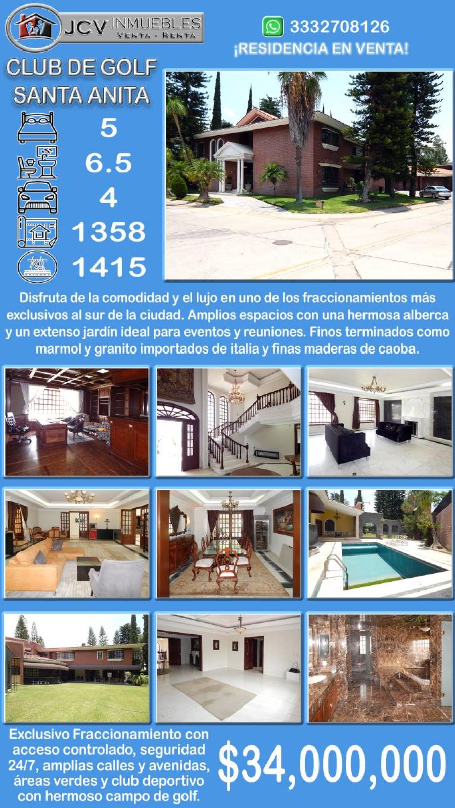 RESIDENCIA EN VENTA EN EL CLUB DE GOLF SANTA ANITA. 1,358 MTS.