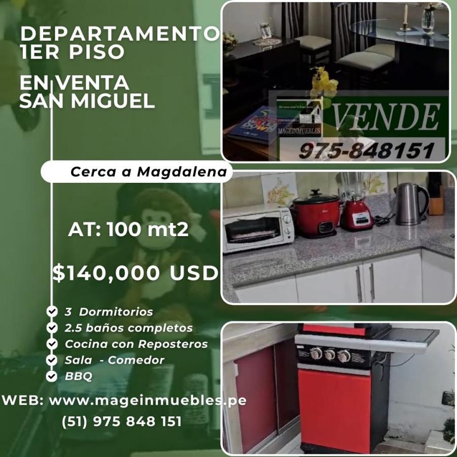 SAN MIGUEL – VENTA LINDO DEPARTAMENTO 1ER PISO  100 MT2 CASI NUEVO $139,000 USD