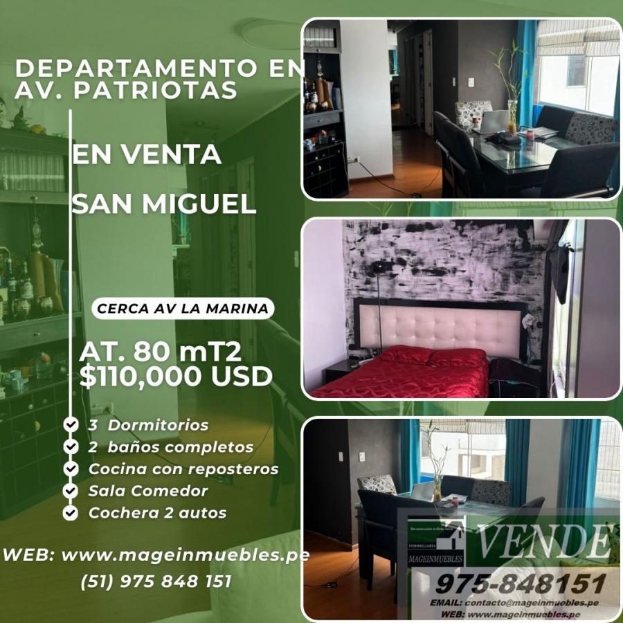 SAN MIGUEL - VENTA DEPARTAMENTO EN AV. PATRIOTAS CON 2 COCHERAS $110,000 USD