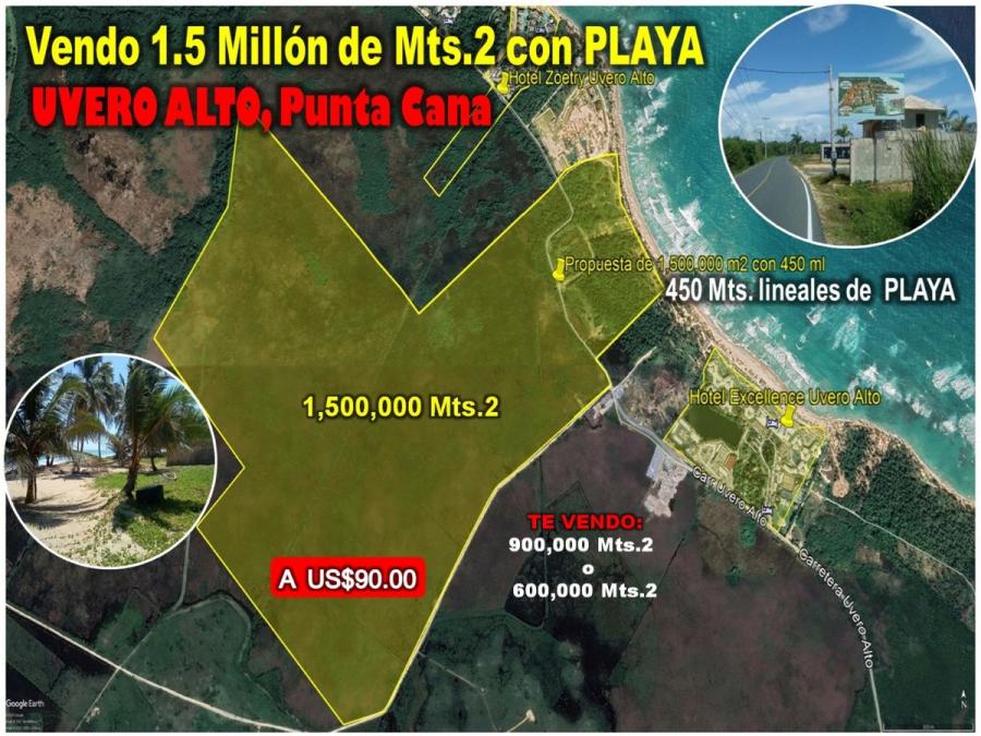 Vendo 1.5 Millón de Mts.2 de Terreno o 900,000 o 600,000 CON PLAYA EN UVERO ALTO, PUNCA CANA